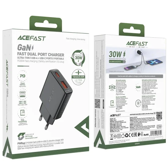 Стенно зарядно устройство A69 – Acefast, Type-C, USB, PD30W, GaN Technology, Quick Charge Compatibility – Черно