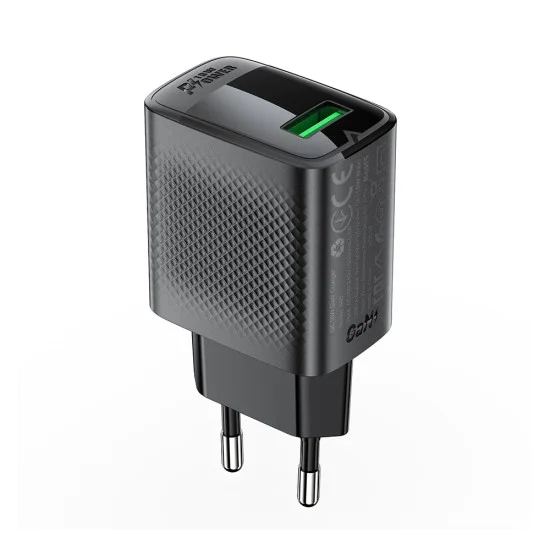 Стенно зарядно устройство A90 – Acefast, USB, 18W, GaN технология, бързо зарядно устройство – черно
