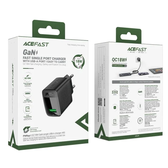 Стенно зарядно устройство A90 – Acefast, USB, 18W, GaN технология, бързо зарядно устройство – черно