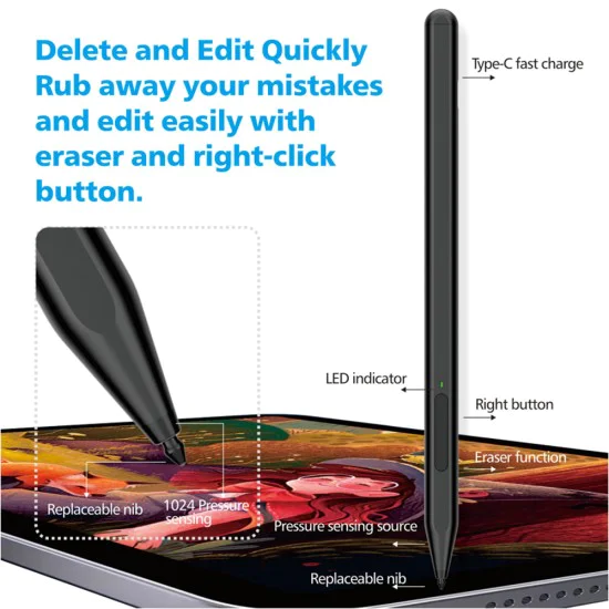 Стилус писалка за Microsoft Surface Tablet, отхвърляне на дланта, странична адсорбция, 90mAh, 5V, 0.2A - (F94S) - черен