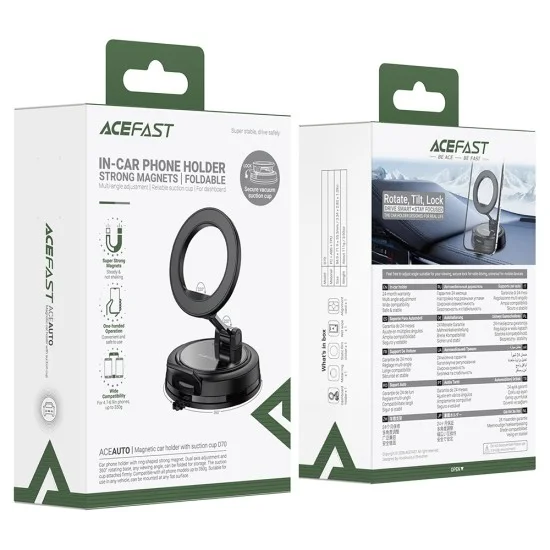 Стойка за кола Acefast (D70) - магнитна, за табло, с вакуум, сигурно заключване, универсална - Черна