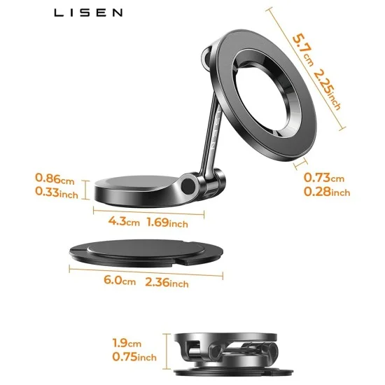 Стойка за кола Lisen (YL0223080002) - MagSafe, за табло, универсална, 360° въртене, сгъваема, силни магнити - Черен