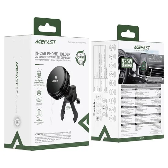 Стойка за кола с безжично зареждане Acefast (D66) - Qi2 сертифицирана, 25W, поддържа MAG-Charge, вградено охлаждане, за вентилация - Черна