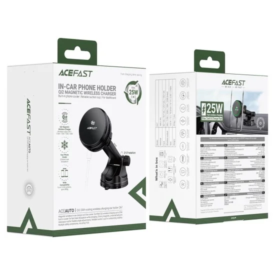 Стойка за кола с безжично зареждане Acefast (D67) - бързо Qi2, 25W, поддържа MAG-Charge, вградено охлаждане, за табло - Черна