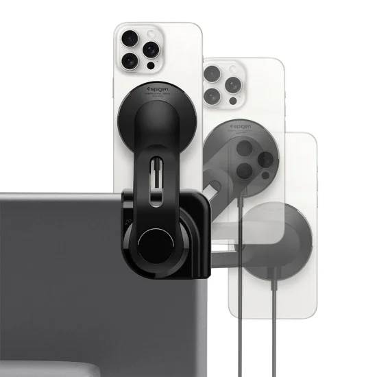 Стойка за кола с безжично зареждане Spigen (ACP07870) - с Type-C кабел, MagSafe, Qi2, 15W, за всички модели Tesla - Черен