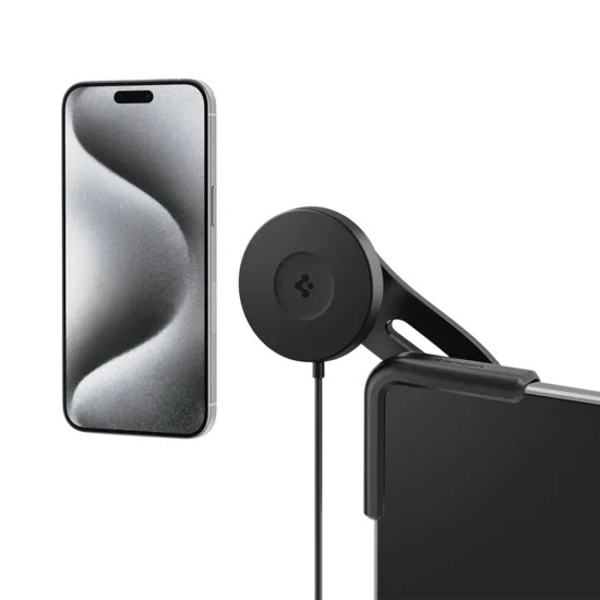 Стойка за кола с безжично зареждане Spigen (ACP07870) - с Type-C кабел, MagSafe, Qi2, 15W, за всички модели Tesla - Черен