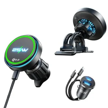 Стойка за кола с безжично зарядно Lisen W116 (YL0225060018) - за вентилация / табло, с охлаждащ вентилатор, 25W, Qi2.2 - Черен