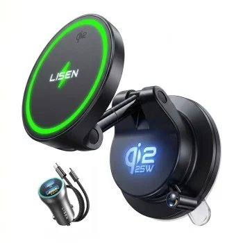 Стойка за кола с безжично зарядно Lisen W608 Pro (YL0225090001) - вакуумна смукателка, 25W, Qi2.2 - Черен
