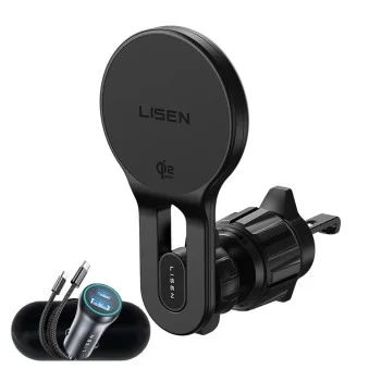 Стойка за кола с безжично зарядно Lisen W704 Pro (YL0225090003) - за вентилация, със зарядно, Type-C кабел, 25W, Qi2.2 - Черен