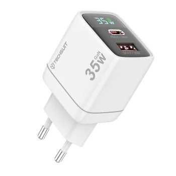 Techsuit - Зарядно за стена LEDChargX (CH3) - Type-C, USB, GaN технология, бързо зареждане, LED дисплей, PD35W - бяло
