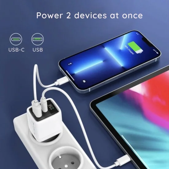 Techsuit - Зарядно за стена LEDChargX (CH3) - Type-C, USB, GaN технология, бързо зареждане, LED дисплей, PD35W - Черно