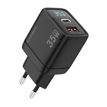 Techsuit - Зарядно за стена LEDChargX (CH3) - Type-C, USB, GaN технология, бързо зареждане, LED дисплей, PD35W - Черно