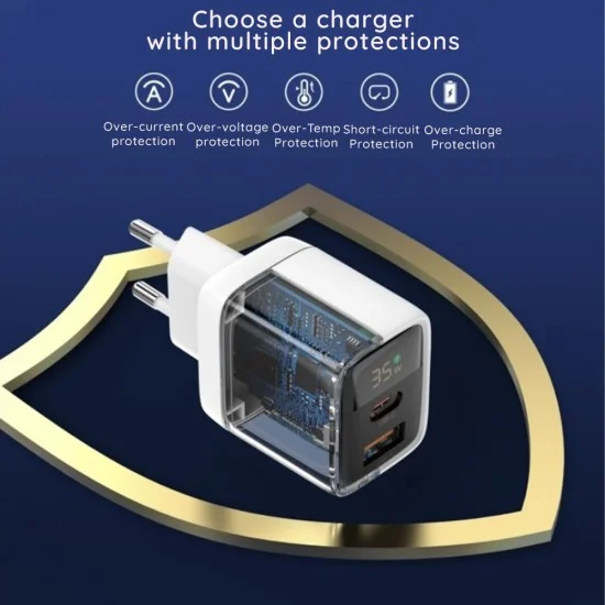 Techsuit - Зарядно за стена LEDChargX (CH3) - Type-C, USB, GaN технология, бързо зареждане, LED дисплей, PD35W - Черно