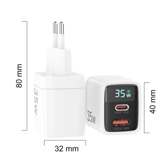 Techsuit - Зарядно за стена LEDChargX (CH3) - Type-C, USB, GaN технология, бързо зареждане, LED дисплей, PD35W - Черно