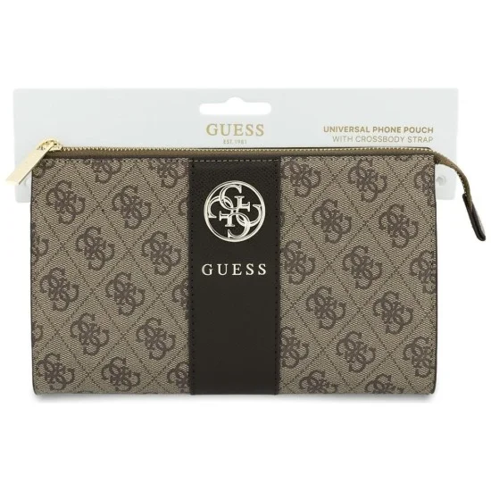 Универсален калъф за телефон 4G Round Classic Logo Stripe (GUWP6PG4S4RW) - Регулируема презрамка, Еко кожа, Цип - Guess - Кафяв