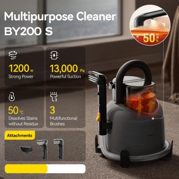 Уред за почистване на тапицерия и текстил BY200 S (BYAD12B), 1200W, 13000 Pa, измиване с вода 50°C, два режима, три четки, IPX4 - Deerma - Черен