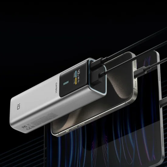 Външна батерия 10000 mAh, 150W, с USB-C кабел, USB, USB-C, TFT дисплей и огнеустойчив корпус VO (CKPB100PGLBL) - Cuktech - Сив