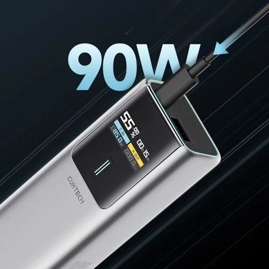 Външна батерия 10000 mAh, 150W, с USB-C кабел, USB, USB-C, TFT дисплей и огнеустойчив корпус VO (CKPB100PGLBL) - Cuktech - Сив