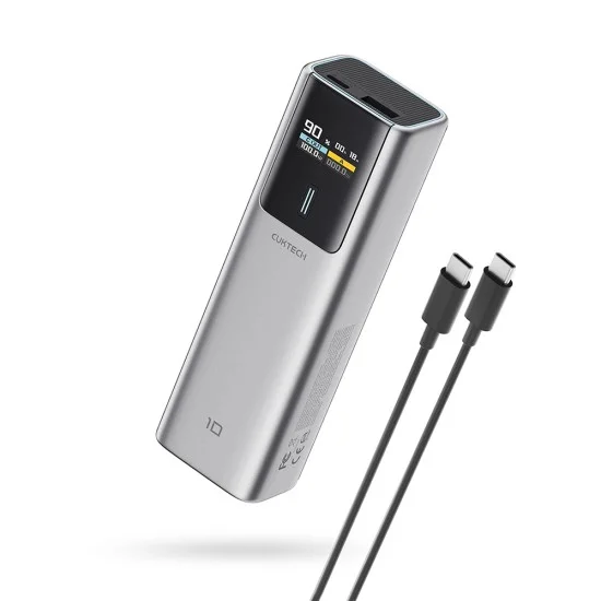 Външна батерия 10000 mAh, 150W, с USB-C кабел, USB, USB-C, TFT дисплей и огнеустойчив корпус VO (CKPB100PGLBL) - Cuktech - Сив