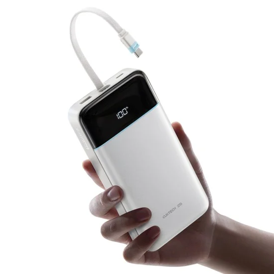 Външна батерия 25000 mAh, 120W, с вграден USB-C кабел, USB, USB-C и дисплей (LPB252N) - Cuktech - Бял