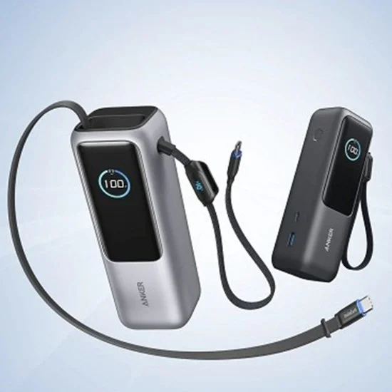 Външна батерия Anker Power Bank Prime - с вграден 2x Type-C кабел, USB-C, USB, дигитален дисплей, 25000mAh, 165W - Сребриста