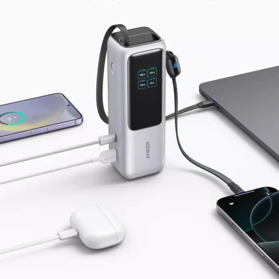 Външна батерия Anker Power Bank Prime - с вграден 2x Type-C кабел, USB-C, USB, дигитален дисплей, 25000mAh, 165W - Сребриста