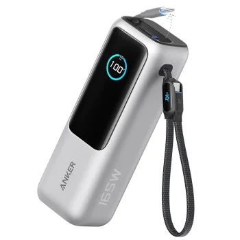 Външна батерия Anker Power Bank Prime - с вграден 2x Type-C кабел, USB-C, USB, дигитален дисплей, 25000mAh, 165W - Сребриста