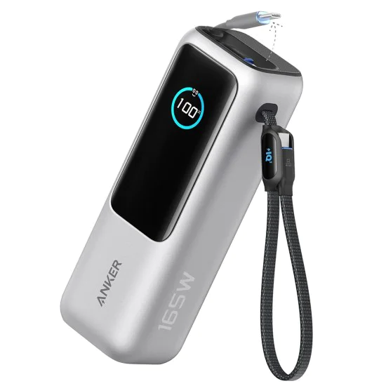 Външна батерия Anker Power Bank Prime - с вграден 2x Type-C кабел, USB-C, USB, дигитален дисплей, 25000mAh, 165W - Сребриста
