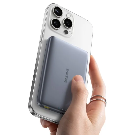 Външна батерия Baseus PicoGo AM41 Ultra-Slim (E0027200) - с USB-C кабел, магнитна, Qi2 15W, 27W с кабел, 10000mAh - Тъмносива (Space Grey)
