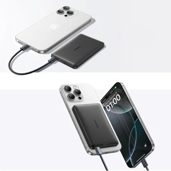 Външна батерия Baseus PicoGo AM41 Ultra-Slim (E0027201) - с USB-C кабел, магнитна, Qi2 15W, 27W с кабел, 10000mAh - Черна (Cosmic Black)