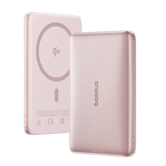 Външна батерия Baseus PicoGo AM41 Ultra-Slim (E0027202) - с USB-C кабел, магнитна, Qi2 15W, 27W с кабел, 10000mAh - Розова (Nebula Pink)