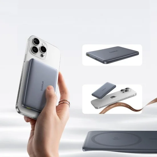 Външна батерия Baseus PicoGo AM41 Ultra-Slim (E0027202) - с USB-C кабел, магнитна, Qi2 15W, 27W с кабел, 10000mAh - Розова (Nebula Pink)