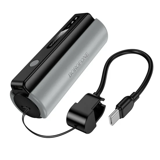 Външна батерия Borofone Star (BJ87) - с Type-C кабел, вградено фенерче, 5000mAh, 10W, LED индикатор - Черен / Сив