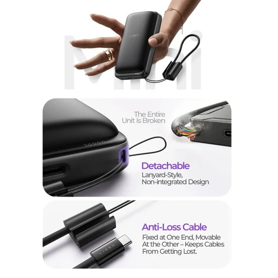Външна батерия Lisen Qi2 P604 - с Type-C кабел, 65W, 10000mAh - Черен