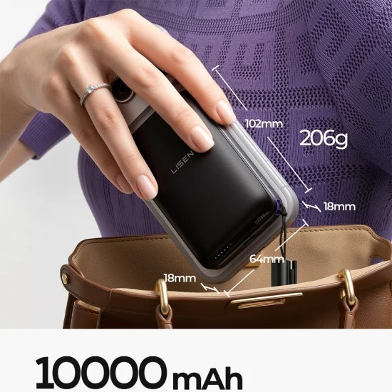 Външна батерия Lisen Qi2 P604 - с Type-C кабел, 65W, 10000mAh - Черен