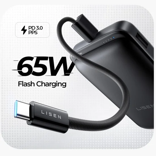 Външна батерия Lisen Qi2 P604 - с Type-C кабел, 65W, 10000mAh - Черен