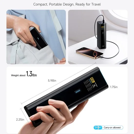 Външна батерия PB200U 20000 mAh, 210W, с USB-C кабел, 2x USB-C, USB, PD3.1 и 1.3-инчов TFT дисплей (CKPB200UGLGR) - Cuktech - Черен