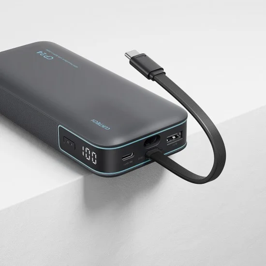Външна батерия Power Bank LPB200N (CUKL200NMXGR) - с вграден USB-C кабел, USB, Type-C, LED Дисплей, 20000mAh, 40W - Cuktech - Сив