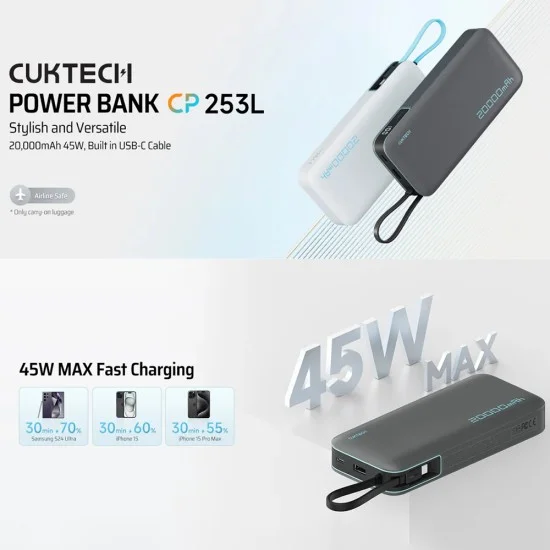 Външна батерия Power Bank LPB200N (CUKP200NGLLG) - с вграден кабел, USB, Type-C, Lightning, LED Дисплей, 20000mAh, 45W - Cuktech - Бял