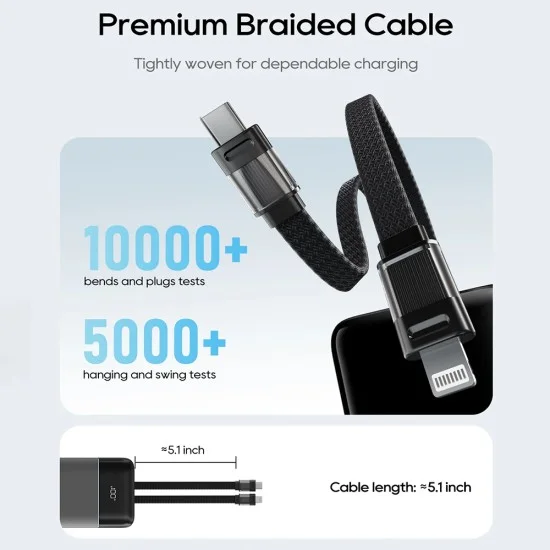 Външна батерия Power Bank LPB200NL (CKB200NLGLGY) - с вграден Type-C и Lightning кабел, Дисплей, 40W, 20000mAh - Cuktech - Сив