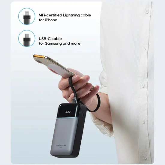 Външна батерия Power Bank LPB200NL (CKB200NLGLGY) - с вграден Type-C и Lightning кабел, Дисплей, 40W, 20000mAh - Cuktech - Сив