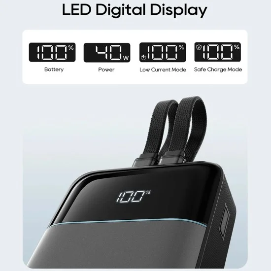 Външна батерия Power Bank LPB200NL (CKB200NLGLGY) - с вграден Type-C и Lightning кабел, Дисплей, 40W, 20000mAh - Cuktech - Сив