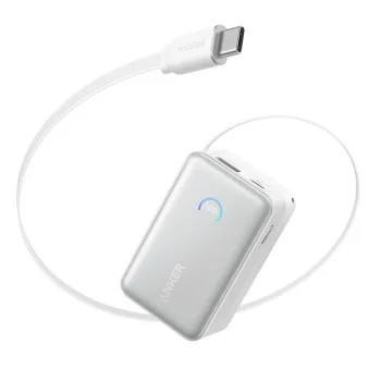 Външна батерия Power Bank Nano (A1638H21) - с вграден прибиращ се Type-C кабел, USB-C, USB, 10000mAh, 45W, Смарт дисплей - Anker - Бял
