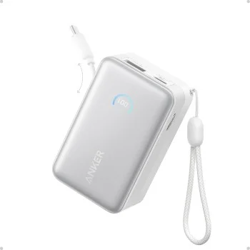 Външна батерия Power Bank Nano (A1638H21) - с вграден прибиращ се Type-C кабел, USB-C, USB, 10000mAh, 45W, Смарт дисплей - Anker - Бял