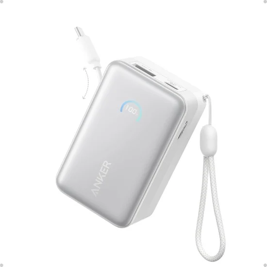 Външна батерия Power Bank Nano (A1638H21) - с вграден прибиращ се Type-C кабел, USB-C, USB, 10000mAh, 45W, Смарт дисплей - Anker - Бял
