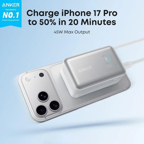 Външна батерия Power Bank Nano (A1638H21) - с вграден прибиращ се Type-C кабел, USB-C, USB, 10000mAh, 45W, Смарт дисплей - Anker - Бял