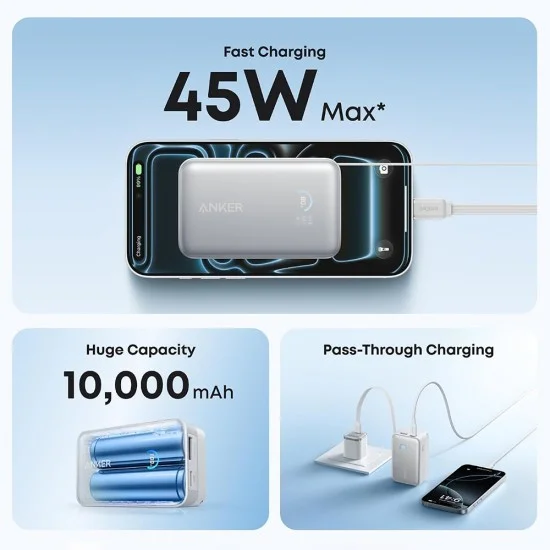Външна батерия Power Bank Nano (A1638H21) - с вграден прибиращ се Type-C кабел, USB-C, USB, 10000mAh, 45W, Смарт дисплей - Anker - Бял