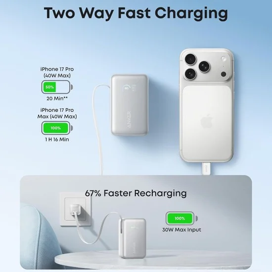 Външна батерия Power Bank Nano (A1638H21) - с вграден прибиращ се Type-C кабел, USB-C, USB, 10000mAh, 45W, Смарт дисплей - Anker - Бял