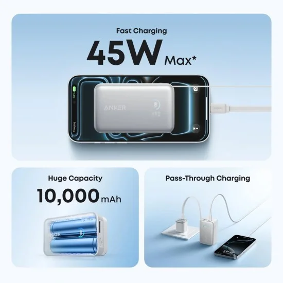 Външна батерия Power Bank Nano (A1638H21) - с вграден прибиращ се Type-C кабел, USB-C, USB, 10000mAh, 45W, Смарт дисплей - Anker - Бял