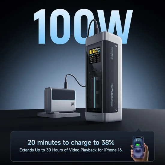 Външна батерия Power Bank P23 (CUK00P23GLBK) - с Type-C кабел, 2x USB-C, USB, 210W, 25000mAh, 1.54 TFT Екран - Cuktech - Сив